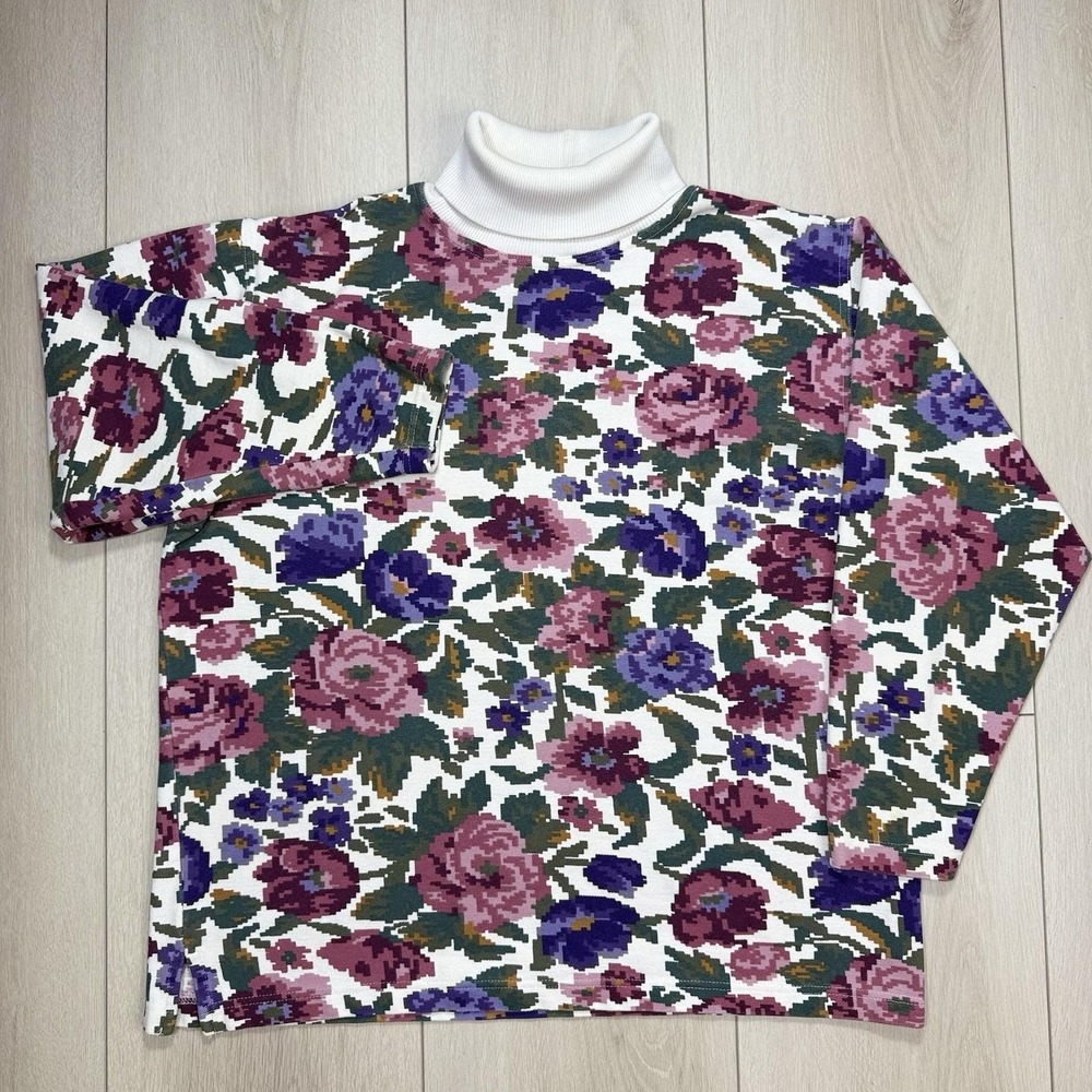 VTG Eddie Bauer Floral Pixel Print Turtleneck Shirt M‎ Women's USA Roses Retro